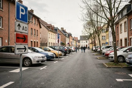 Parking municipal bien signalisé à l'entrée de Saralbe avec panneaux directionnels et voitures garées