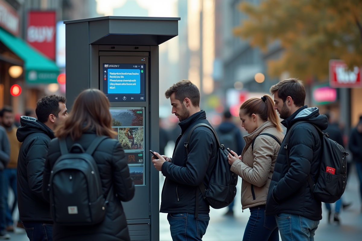Personnes vérifiant leur téléphone dans une rue urbaine