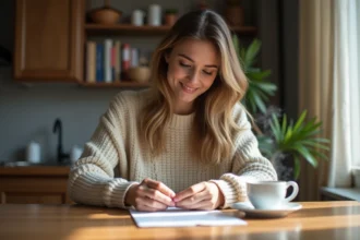 Femme glissant un petit mot d'amour écrit à la main dans une poche, assise à une table en bois rustique dans un appartement chaleureux