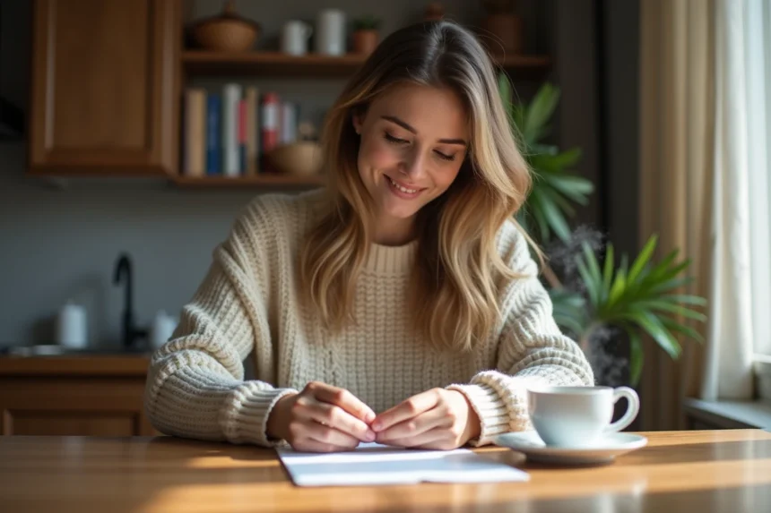 Femme glissant un petit mot d'amour écrit à la main dans une poche, assise à une table en bois rustique dans un appartement chaleureux