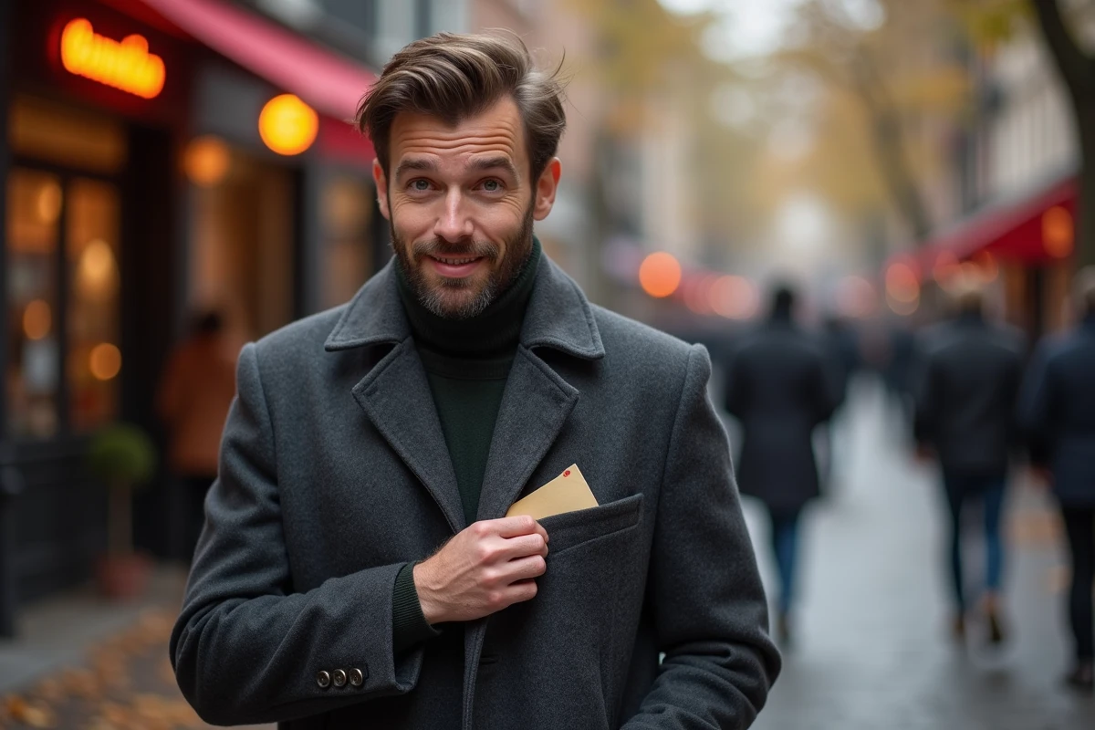 Homme découvrant un petit mot d'amour dans la poche de son manteau en laine dans une rue pavée en automne