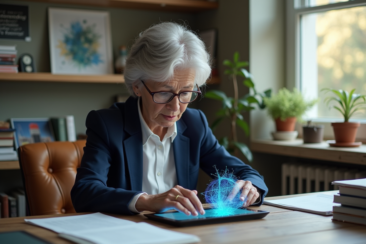 Physicienne théoricienne examinant un modèle quantique sur tablette