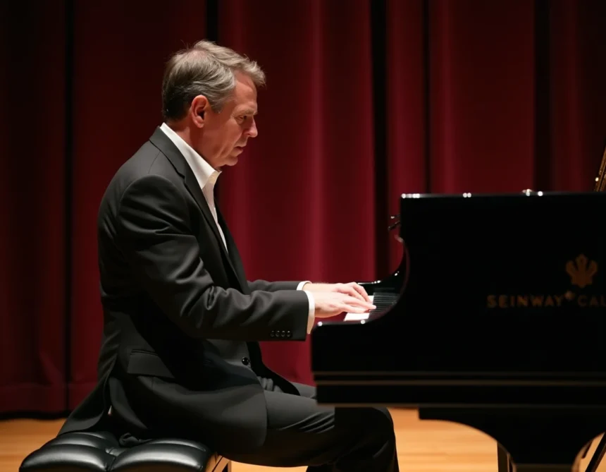 Pianiste français en costume noir jouant sur un Steinway à queue sur une scène de concert classique