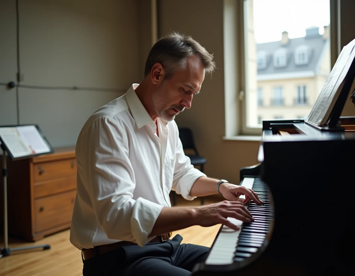 Pianiste français en répétition dans un studio parisien, concentré au piano à queue