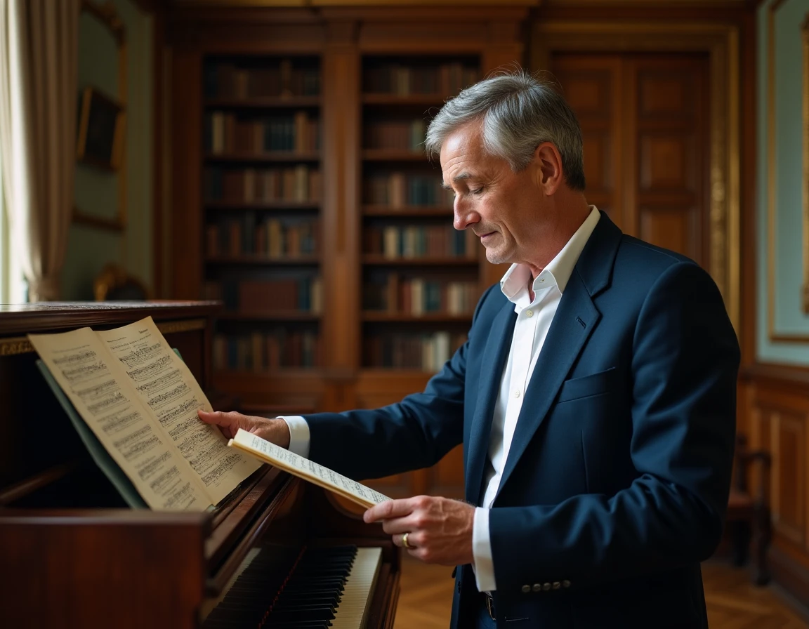 Pianiste de renom consultant ses partitions dans un salon privé élégant avec piano acoustique