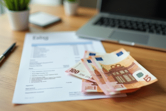 Pile de billets euro et fiche de paie sur bureau lumineux