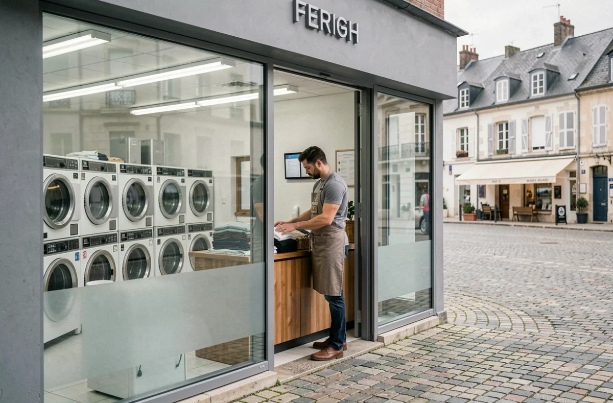 Façade moderne d'une laverie en libre-service donnant sur une place française pavée avec un employé rangeant du linge plié