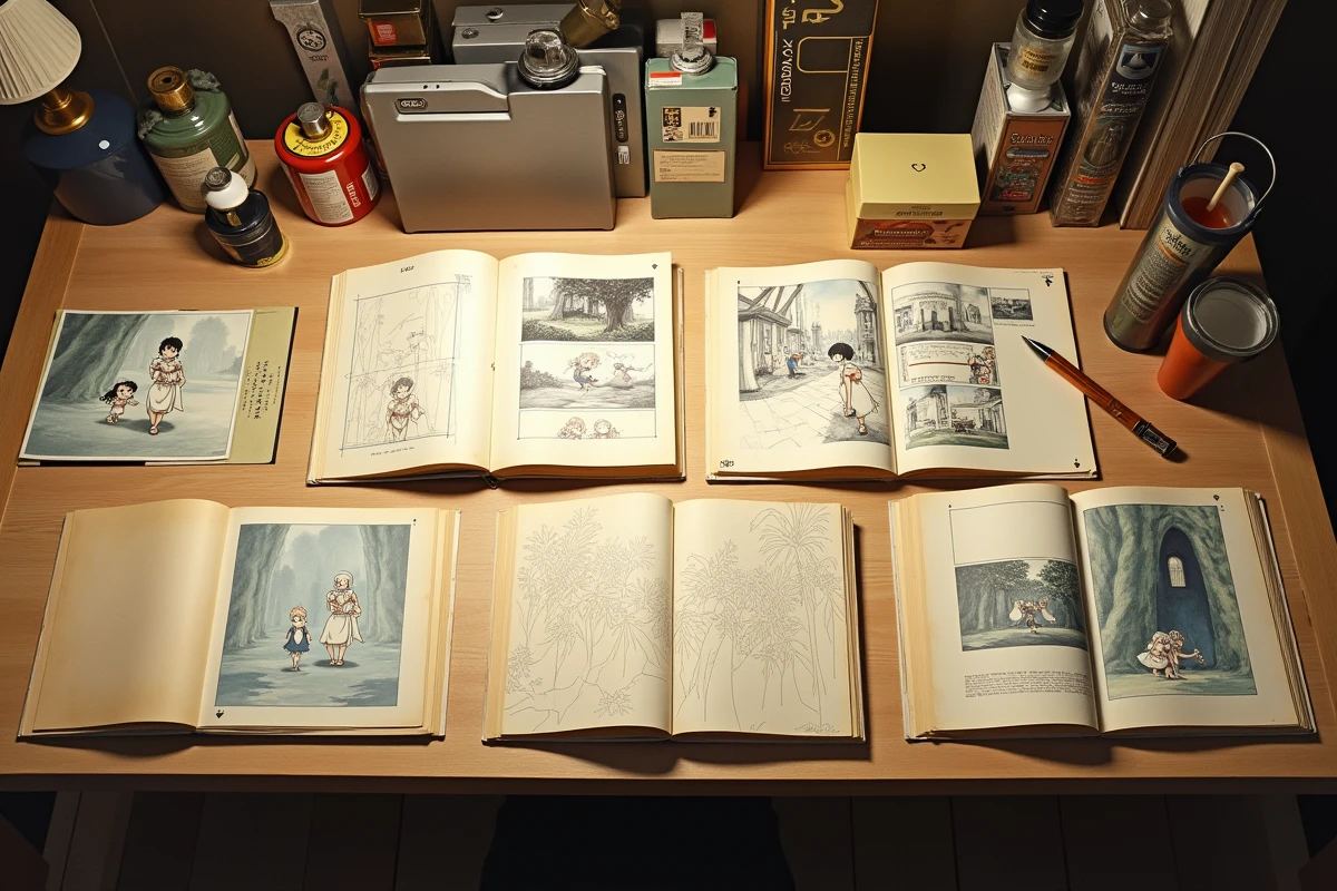 Table de studio créatif comparant des planches originales de manga et des storyboards de production anime