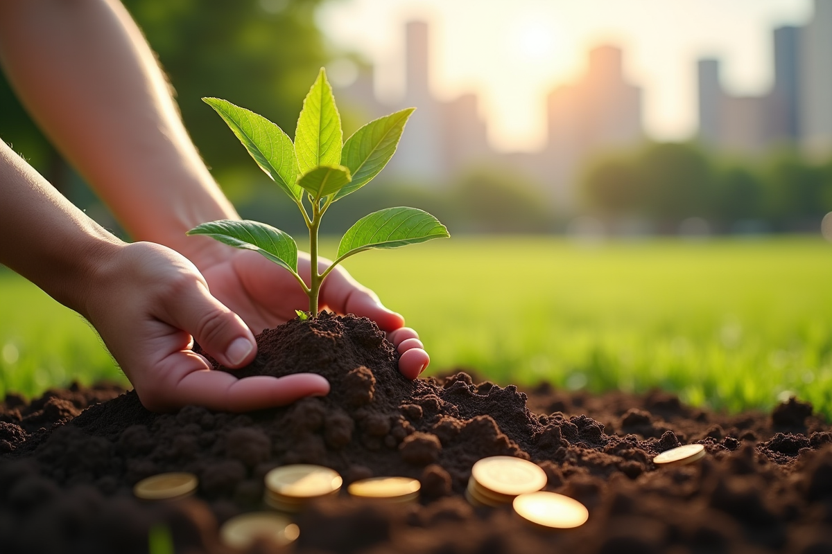 Main plantant un jeune arbre avec des pièces dans un parc urbain