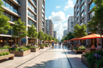Place urbaine moderne avec jardins sur le toit et café en plein air