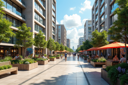 Place urbaine moderne avec jardins sur le toit et café en plein air