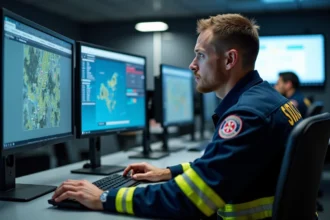Pompier du SDIS de l'Aisne utilisant le logiciel Iris sur un poste de commandement numérique en salle opérationnelle