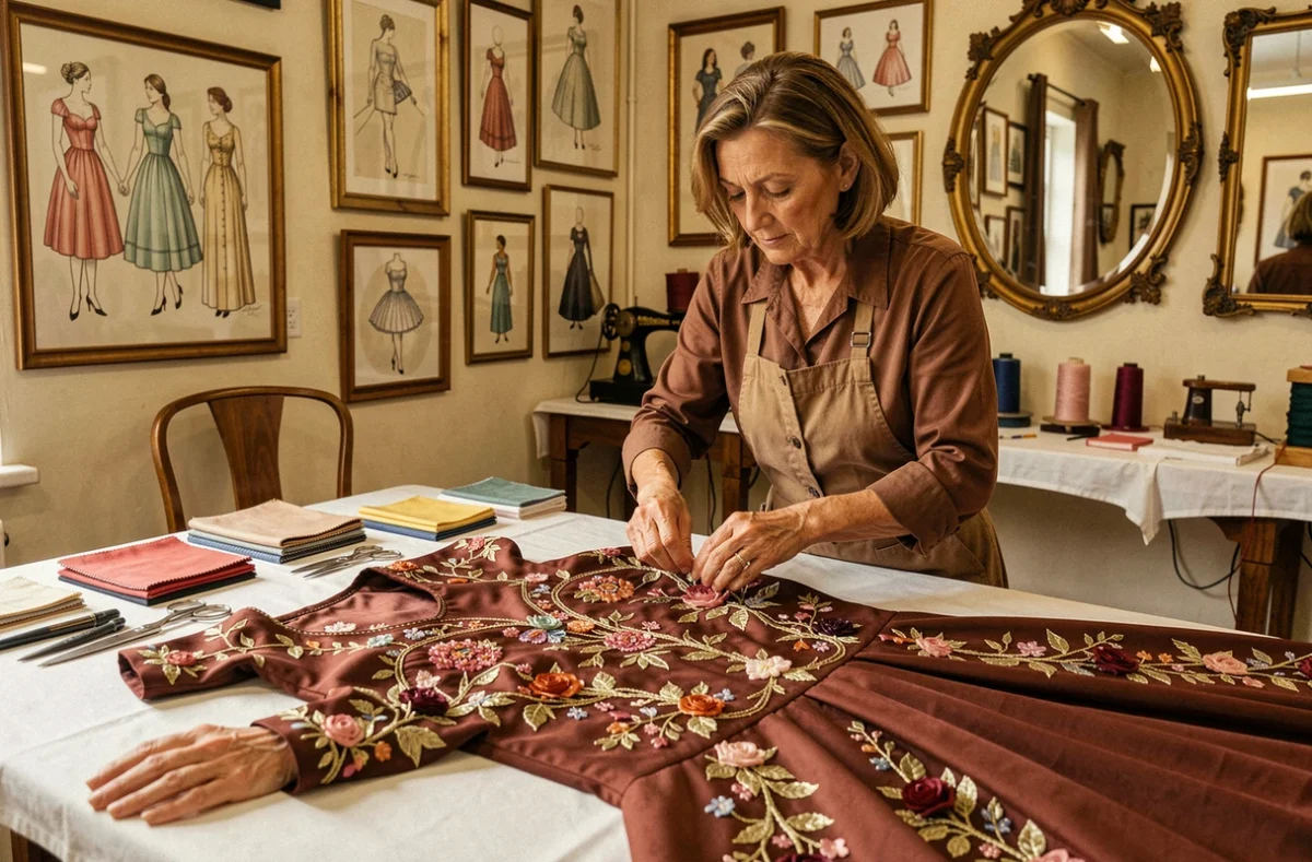 Tailleuse examinant une robe de soirée brodée dans une boutique de pressing artisanale décorée d'illustrations de mode vintage