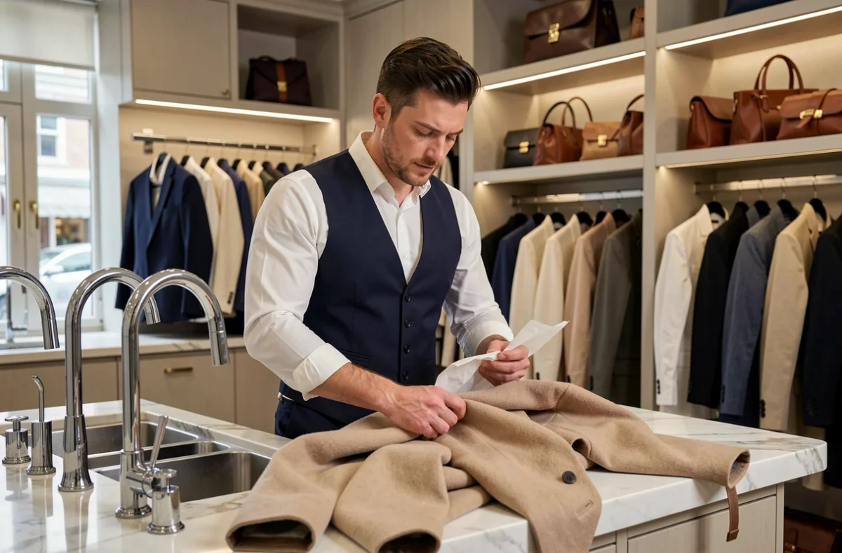 Employé d'un pressing de luxe emballant soigneusement un manteau en cachemire sur un comptoir en marbre