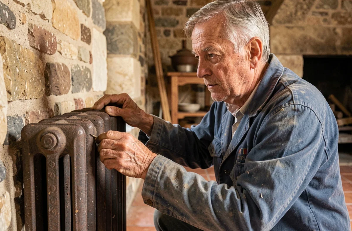 Chauffagiste traditionnel Printannier et Fils entretenant un radiateur en fonte dans une ferme ancienne d'Indre-et-Loire