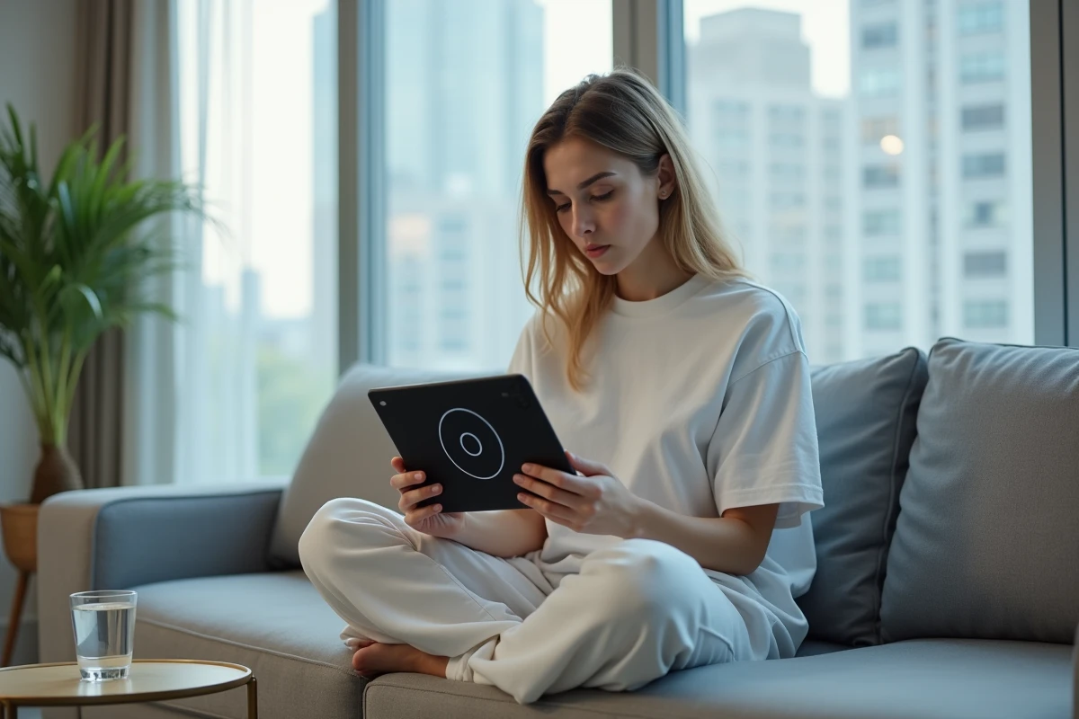 Jeune femme attendant le chargement d'un scan manga sur tablette avec problème de lecture vidéo vostfr