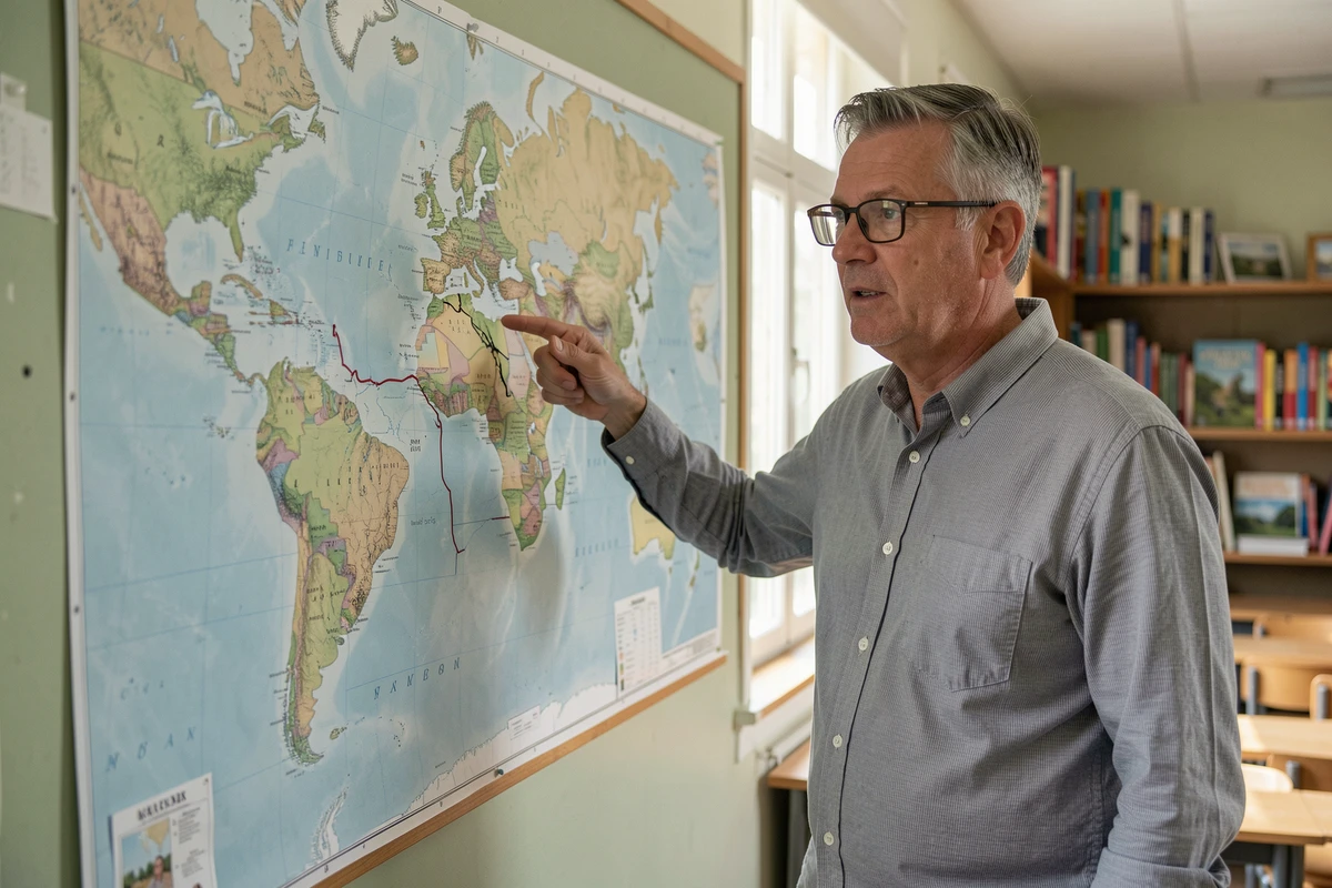Professeur de géographie expliquant la position géographique de la Turquie sur une carte murale en salle de classe