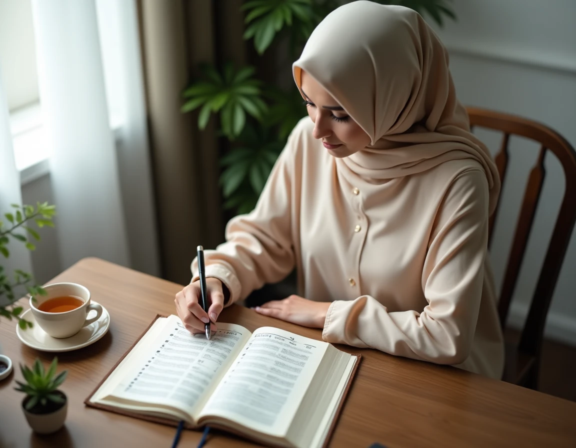 Femme musulmane planifiant sa lecture du Coran avec un programme Ramadan sur 30 jours