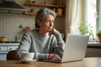 Une femme d'âge moyen recherche un particulier sur un annuaire téléphonique en ligne depuis son ordinateur portable dans une cuisine parisienne