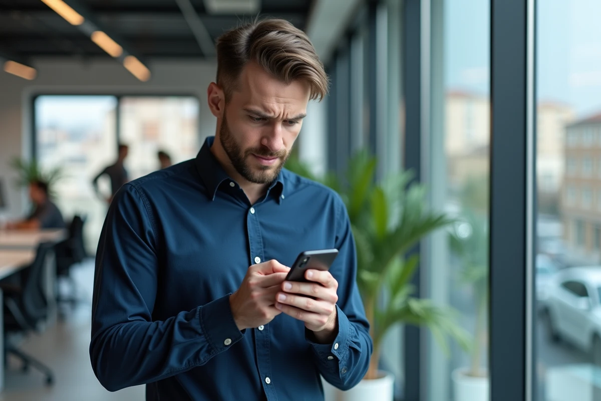 Un homme cherche un numéro de téléphone de particulier via un annuaire sur son smartphone dans un bureau moderne