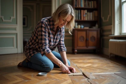 Femme répare un parquet ancien dans un appartement parisien