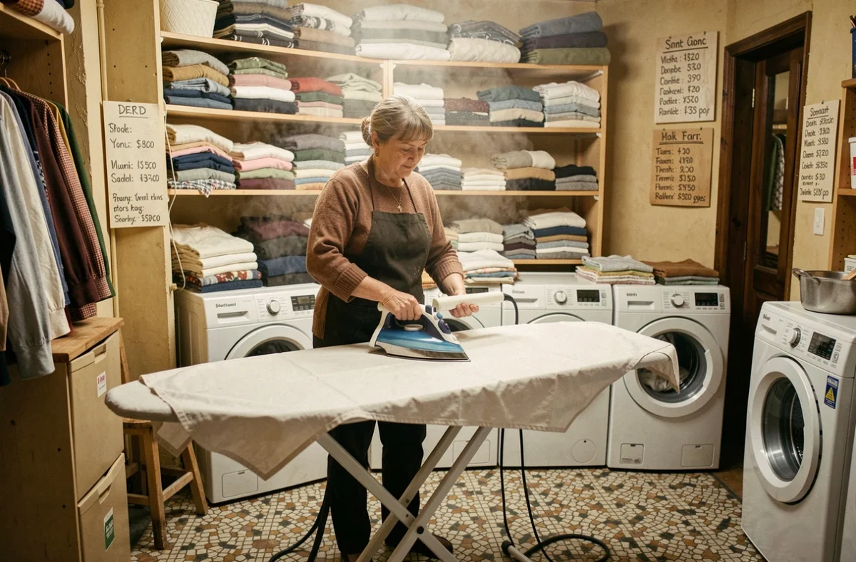 Propriétaire d'un pressing de quartier repassant une nappe en lin sur une table professionnelle dans sa boutique conviviale