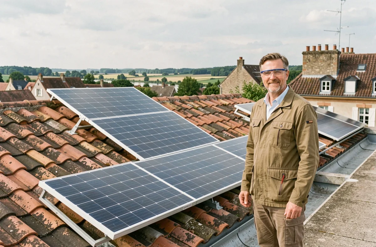 Consultant en énergies renouvelables Richard Le Droff Eco Energies Touraine sur un toit équipé de panneaux solaires thermiques à Tours