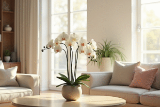 Salon lumineux avec orchidées blanches en vase