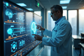 Scientifique dans un laboratoire moderne avec interface tactile et circuits quantiques