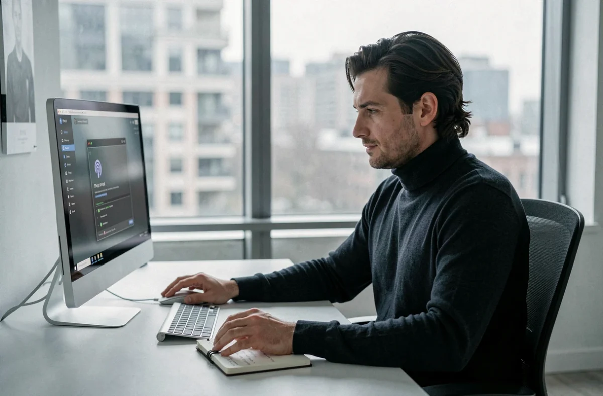 Personne utilisant un ordinateur sécurisé avec navigateur privé dans un appartement moderne et épuré