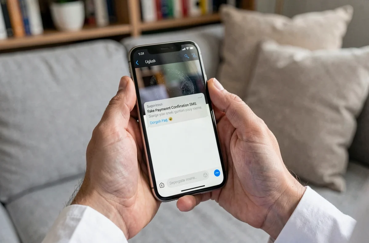 Gros plan sur un SMS frauduleux de confirmation de paiement reçu dans le cadre d'une arnaque Le Bon Coin