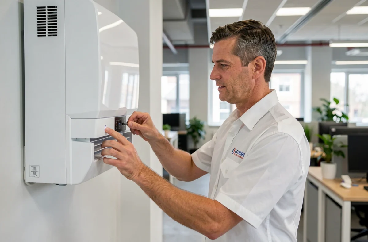 Technicien SN Sani-Climat réglant un système combiné de climatisation et chauffage dans un bureau moderne