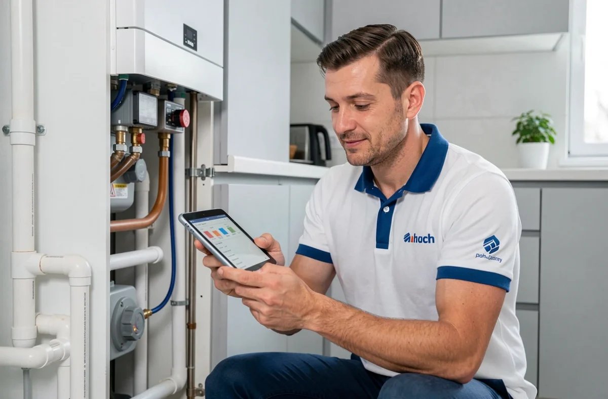 Technicien de la société Solutio diagnostiquant une installation de chauffage avec une tablette numérique