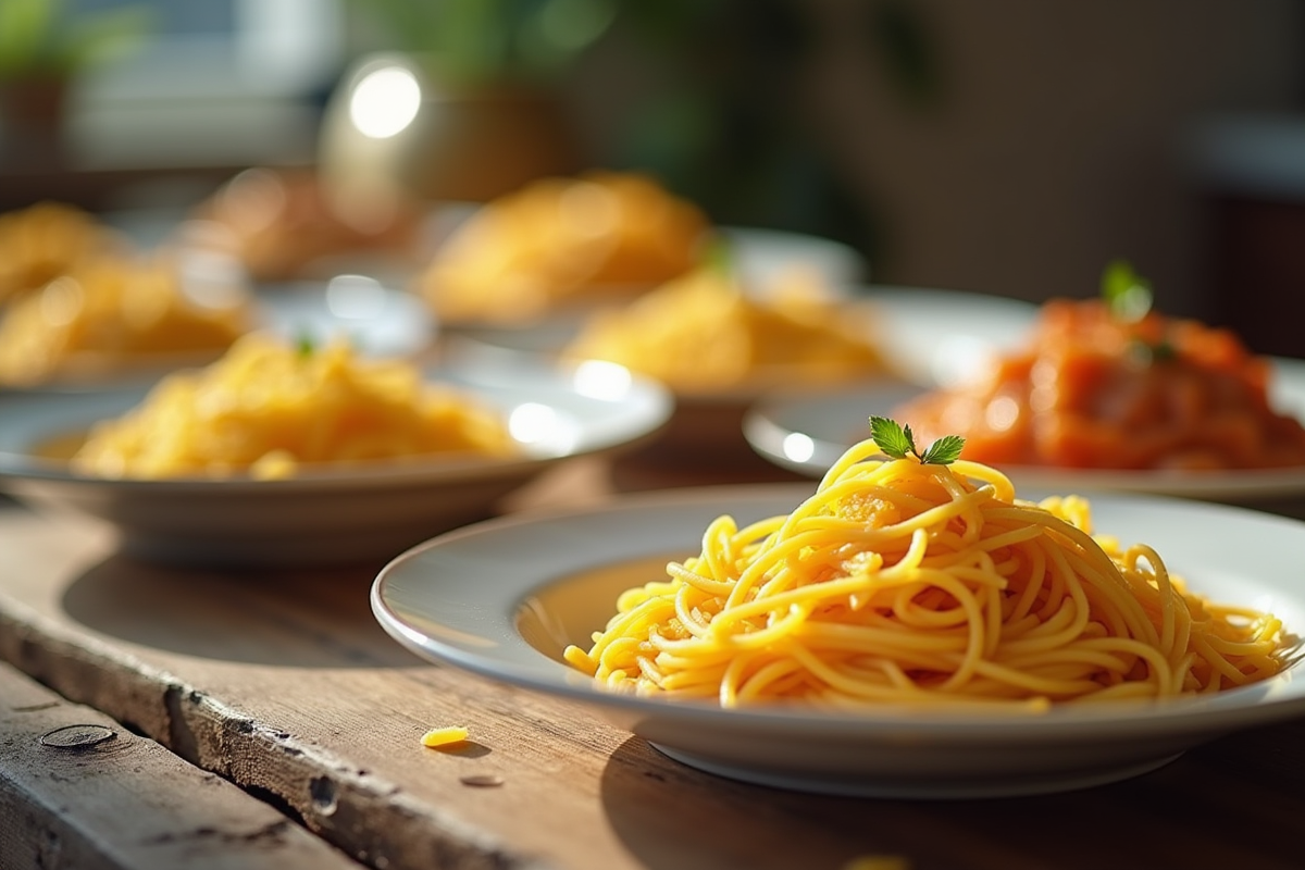 Spaghetti cru sur une table en bois avec assiettes blanches