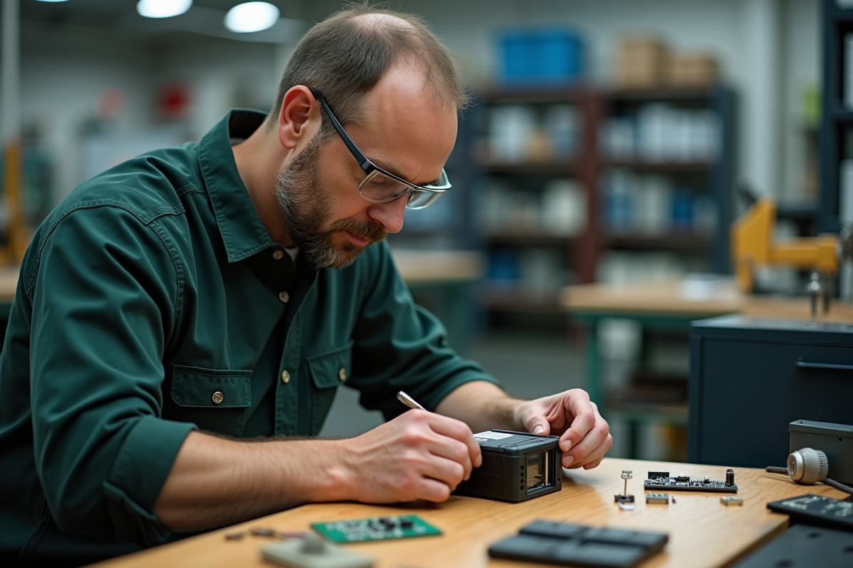 Technicien assemblant un pack de batteries dans un atelier industriel