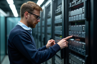 Technicien informatique vérifiant des disques de stockage en salle serveur