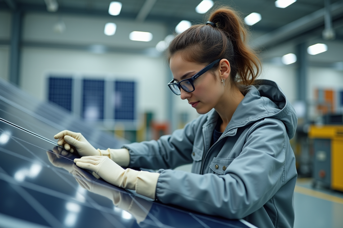 Technicienne inspectant un panneau solaire en intérieur