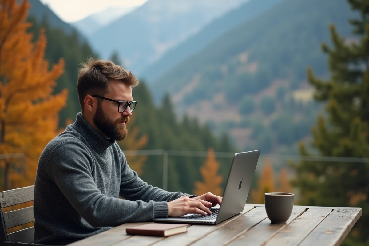 Homme en télétravail sur une terrasse avec vue sur une vallée boisée en automne, cadre naturel idéal pour travailler