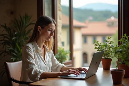 Femme en télétravail installée près d'une fenêtre avec vue sur un village verdoyant, ambiance chaleureuse et authentique