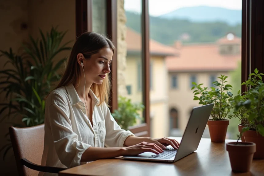 Femme en télétravail installée près d'une fenêtre avec vue sur un village verdoyant, ambiance chaleureuse et authentique