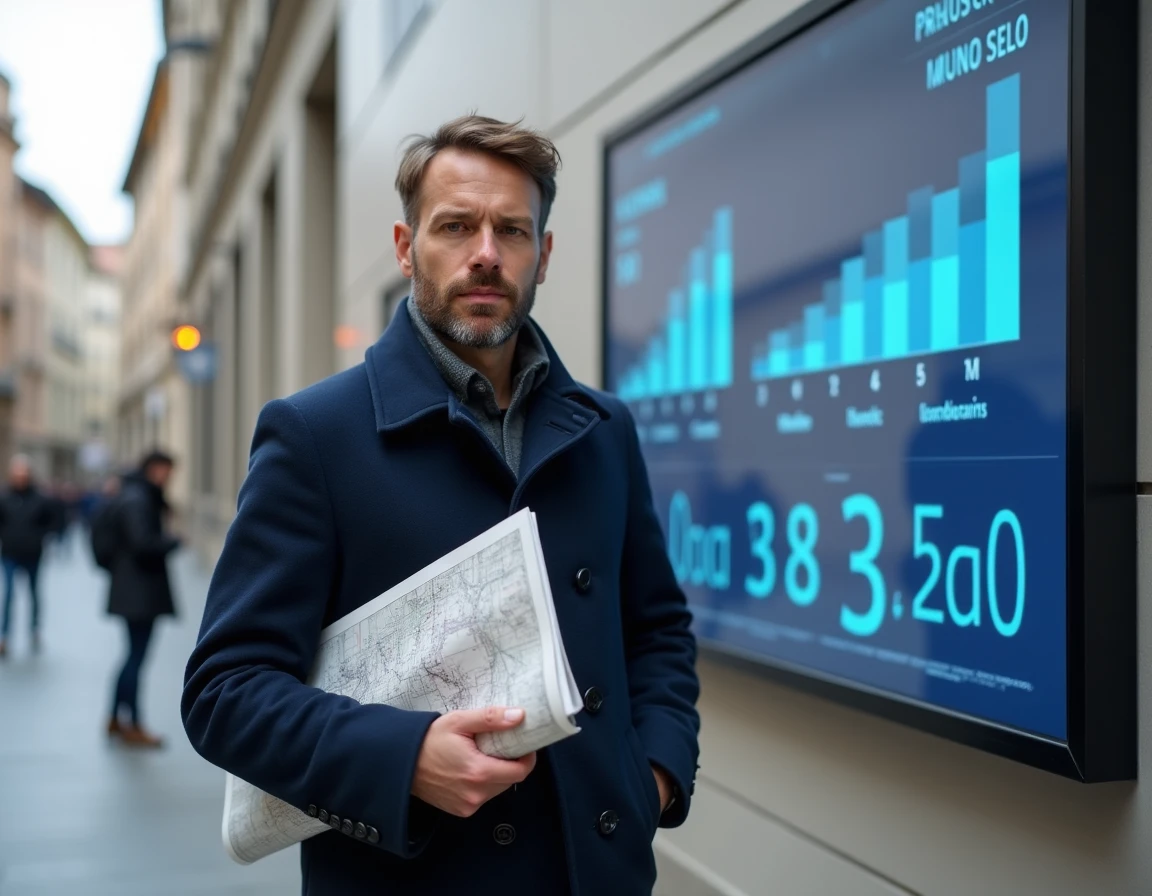 Urbaniste consultant un panneau statistique de population devant une mairie française symbolisant les nouveaux chiffres démographiques 2026