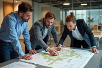 Groupe d'urbanistes discutant autour d'une carte de zonage