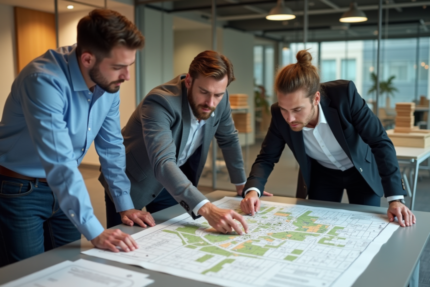 Groupe d'urbanistes discutant autour d'une carte de zonage