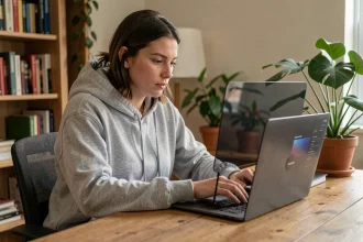 Femme utilisant un ordinateur portable avec filtre de confidentialité dans un bureau à domicile discret