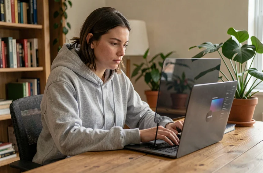 Femme utilisant un ordinateur portable avec filtre de confidentialité dans un bureau à domicile discret
