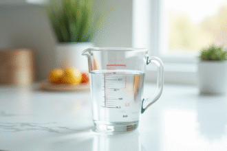 Verre mesureur rempli de 800 ml d'eau sur plan de travail lumineux