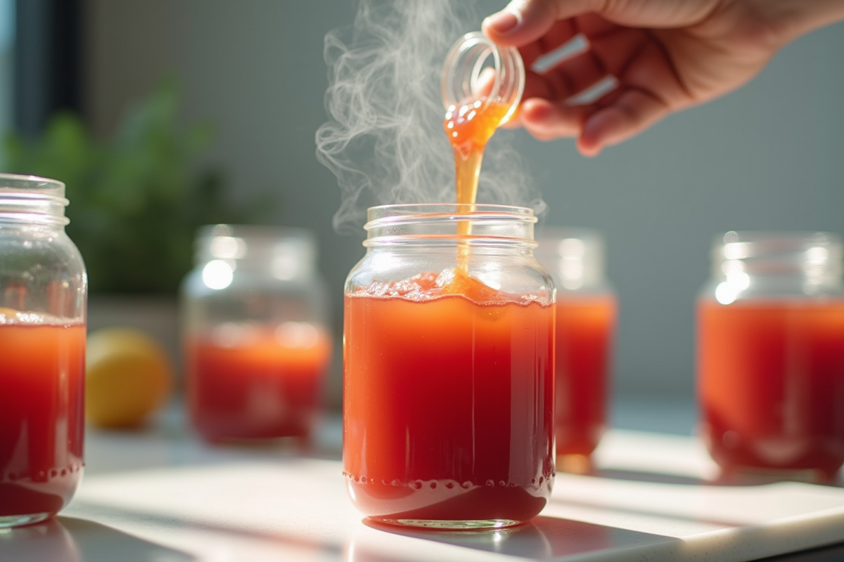 Main versant confiture chaude dans une jarre propre