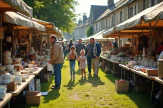 Vue panoramique d'un vide grenier en plein air en Bretagne avec des familles qui flânent entre les tables remplies d'objets vintage