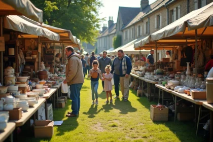 Vue panoramique d'un vide grenier en plein air en Bretagne avec des familles qui flânent entre les tables remplies d'objets vintage