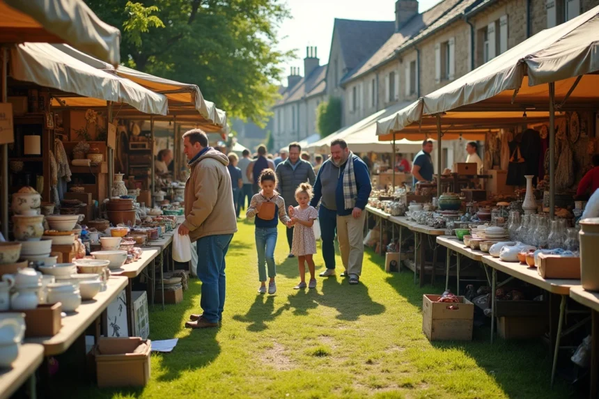 Vue panoramique d'un vide grenier en plein air en Bretagne avec des familles qui flânent entre les tables remplies d'objets vintage